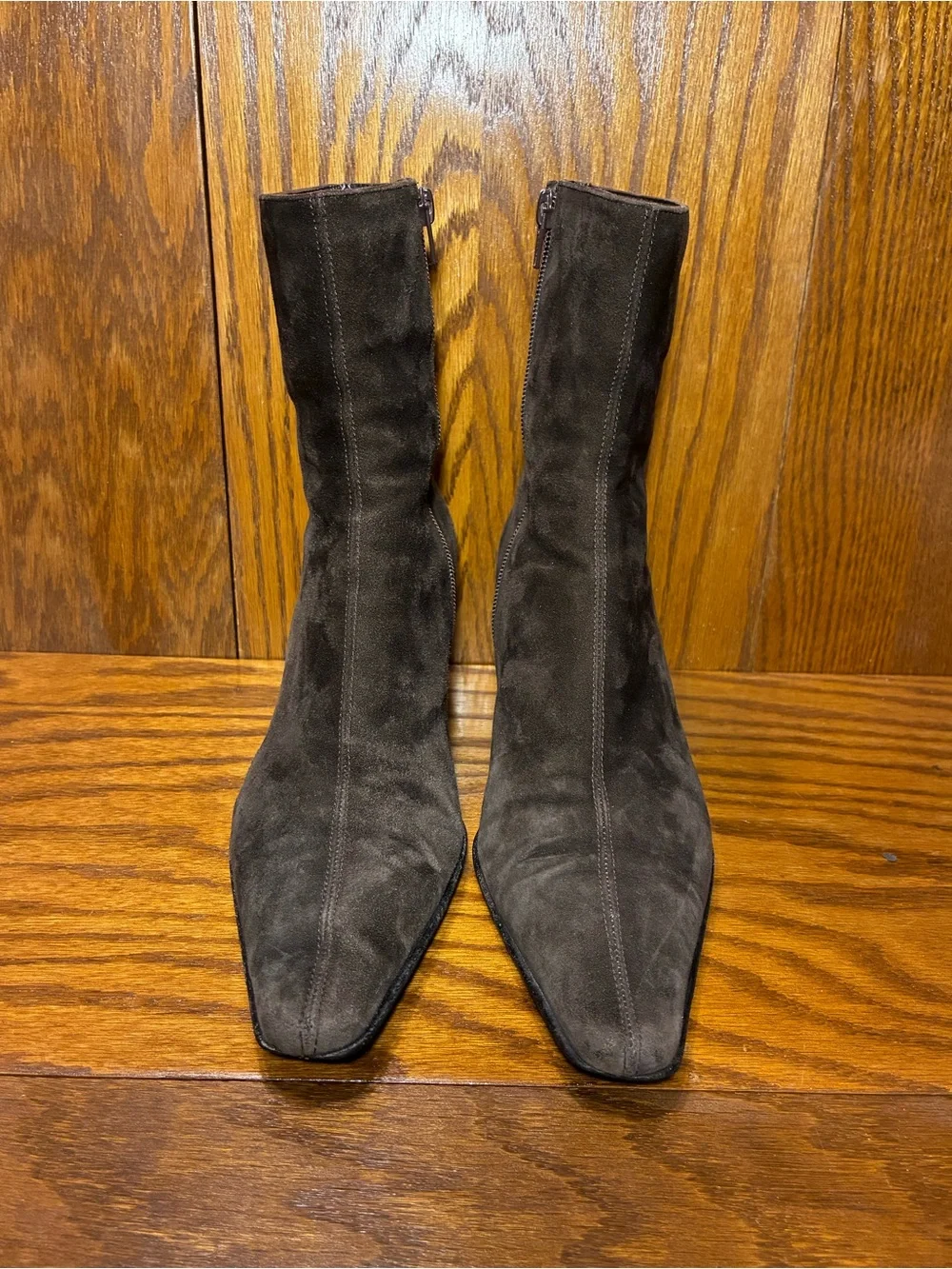 Y2K VTG Aquatalia Italy Made Brown Suede Elongated Square Toe Ankle Boots Sz 9.5